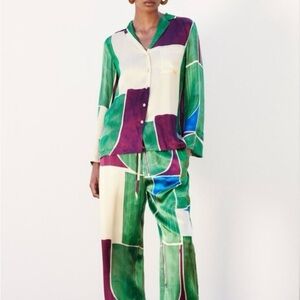 Zara Retro Colorblock blouse and pant set Green Purple